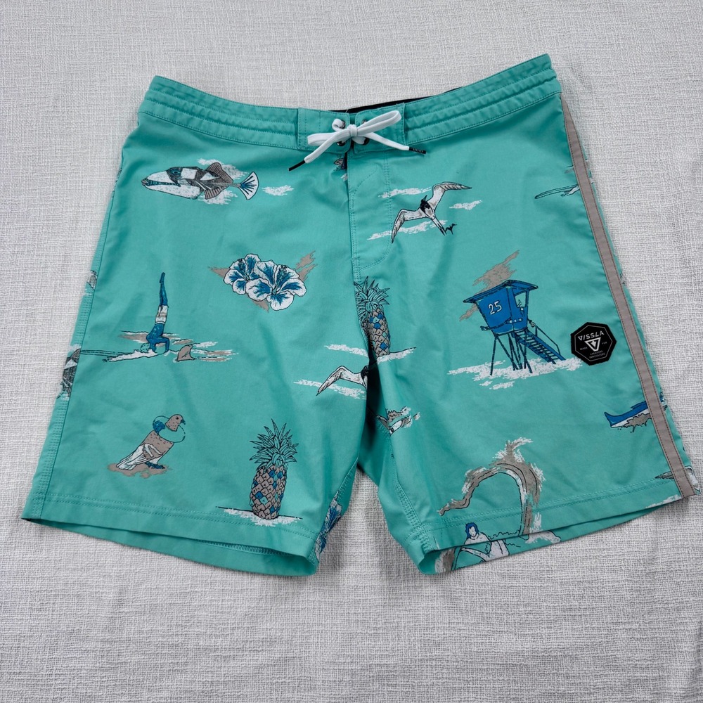 Vissla Board Shorts Mens 36‎ Teal Beach Print Coconut Stretch Trunks M1104HEL